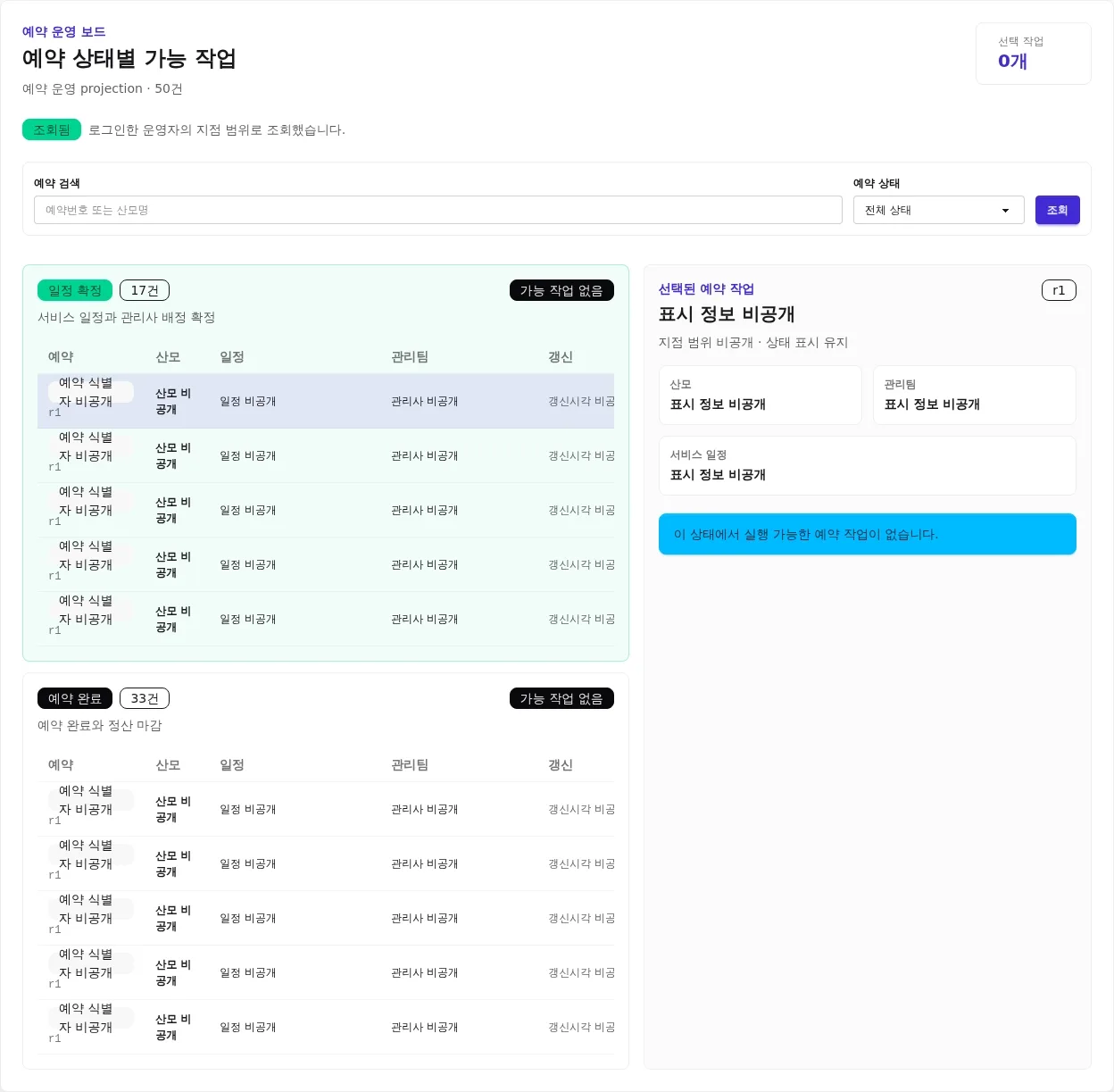 실제 stage 지점 운영자 범위로 예약 목록을 조회하고 일정 확정 필터와 결과 없음 검색을 거쳐 초기화하는 데스크톱 실행