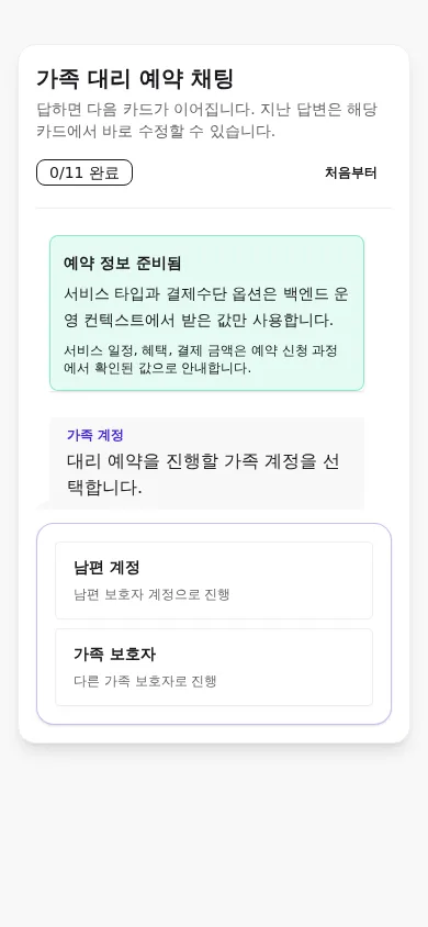 질문 하나에 답하면 다음 카드가 열리고 자동 이동하는 모바일 산모 예약 화면